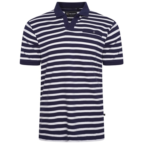 KAM Striped V-Neck Polo Navy